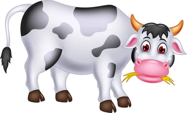 Drôle Dessin Animé Vache Debout Avec Sourire Manger Herbe — Image vectorielle