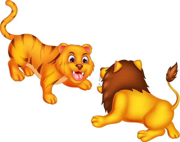 滑稽的狮子和老虎卡通战斗 — 图库矢量图片