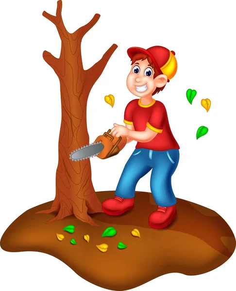 Funny Boy Cartoon Cutting Tree Using Saw Laughing — Stock Vector