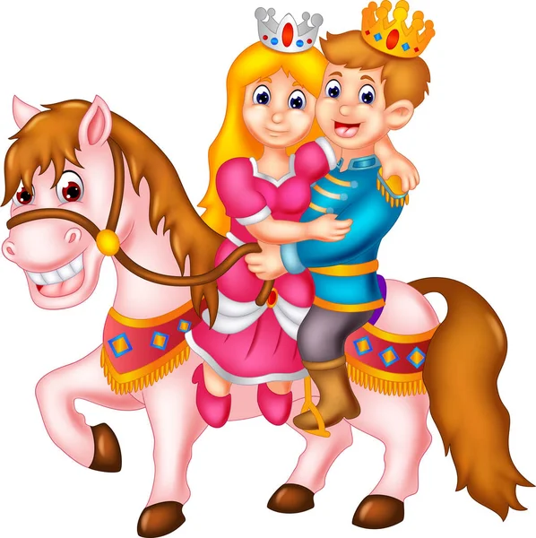 Funny Prince Princess Cartoon Riding Horse Hugging Smile — Stock Vector