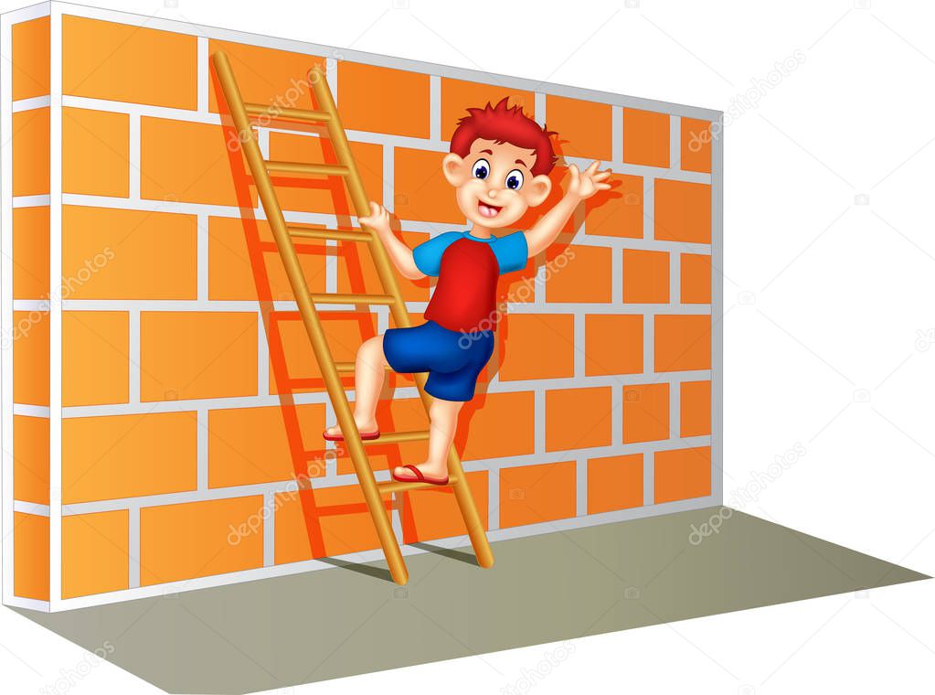 cute boy cartoon standing up stairs with smile and waving