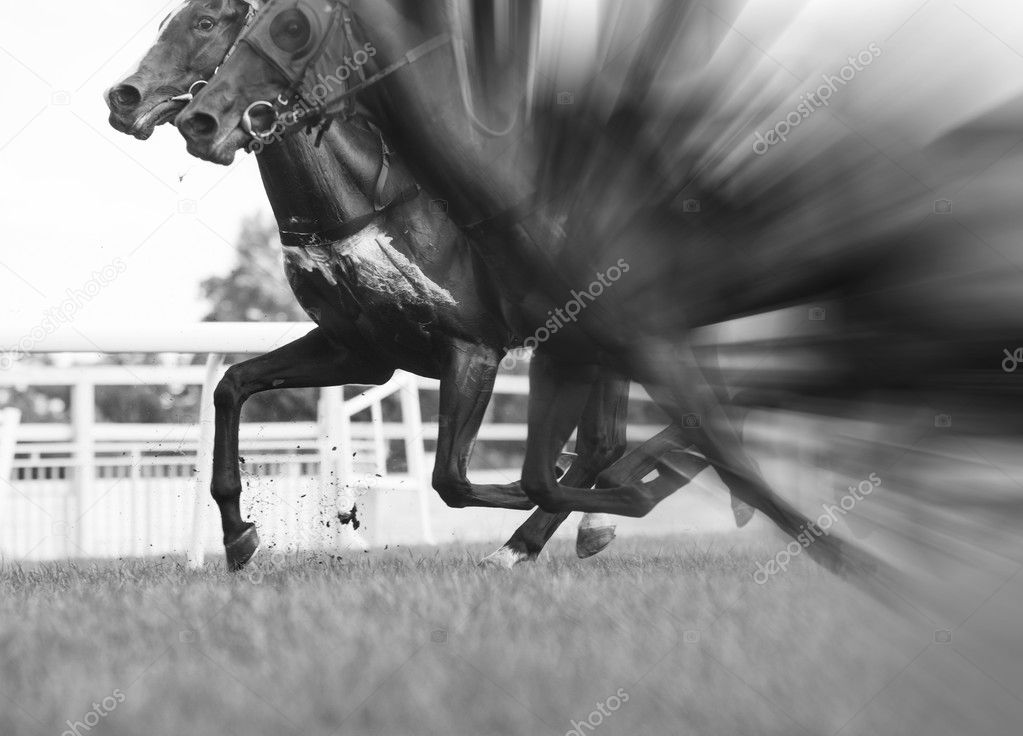 horse racing, selective focus and blurred, black and white