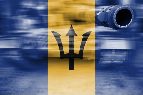 Thema militärische Stärke, Motion Blur Panzer mit Barbados Flagge — Stockfoto