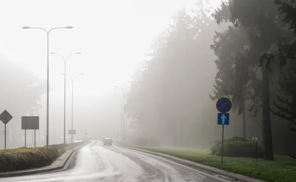 Auto nella nebbia. Maltempo e traffico automobilistico pericoloso sulla strada . — Foto Stock