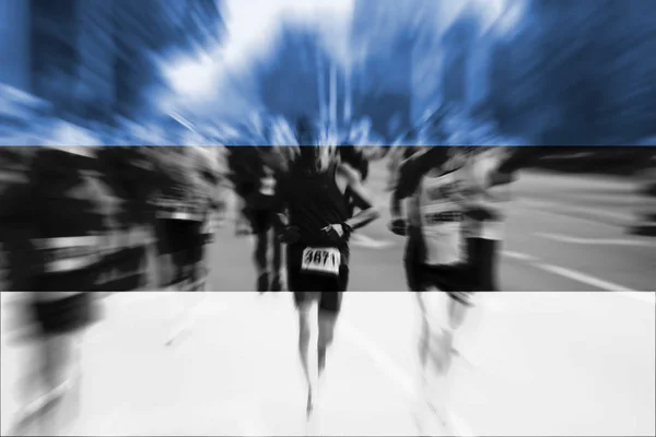 Marathon runner motion blur with blending  Estonia flag — Stock Photo, Image