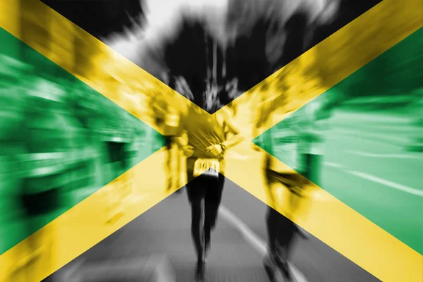 Marathonläufer-Bewegung verschwimmt mit Jamaica-Fahne — Stockfoto