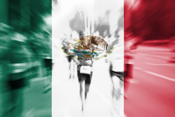 Maratona corridore movimento sfocatura con miscelazione bandiera del Messico — Foto Stock
