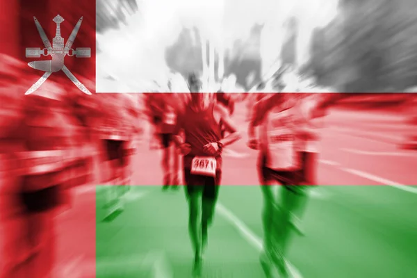 Maratona corridore movimento sfocatura con miscelazione bandiera Oman — Foto Stock