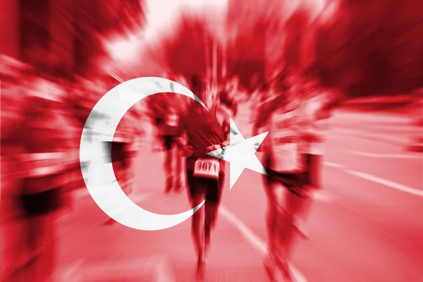 Maratona corridore movimento sfocatura con miscelazione bandiera Turchia — Foto Stock