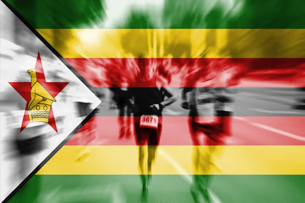 Maratona corridore movimento sfocatura con miscelazione bandiera Zimbabwe — Foto Stock
