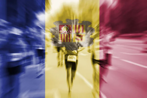 Marathon löpare rörelseoskärpa med blandning Andorra flagga — Stockfoto