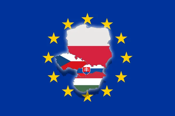 V4 Kelompok Visegrad pada bendera Euro, Polandia, Republik Ceko, Slowakia, Hungaria — Stok Foto