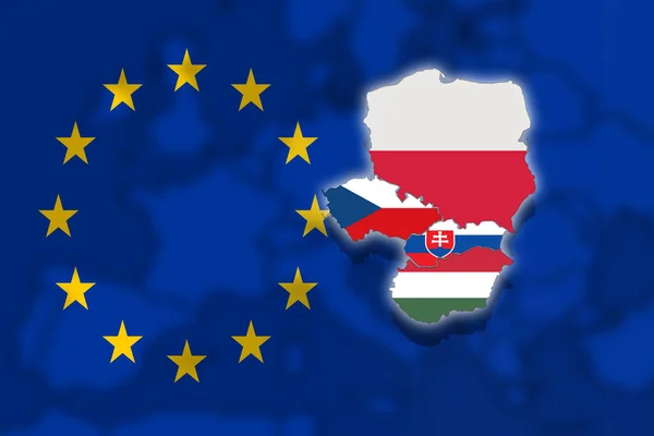   V4 Visegrad grup mevsimlik Europe arka plan üzerinde ve Euro bayrak, Polonya, Çek Cumhuriyeti, Slovakya, Macaristan