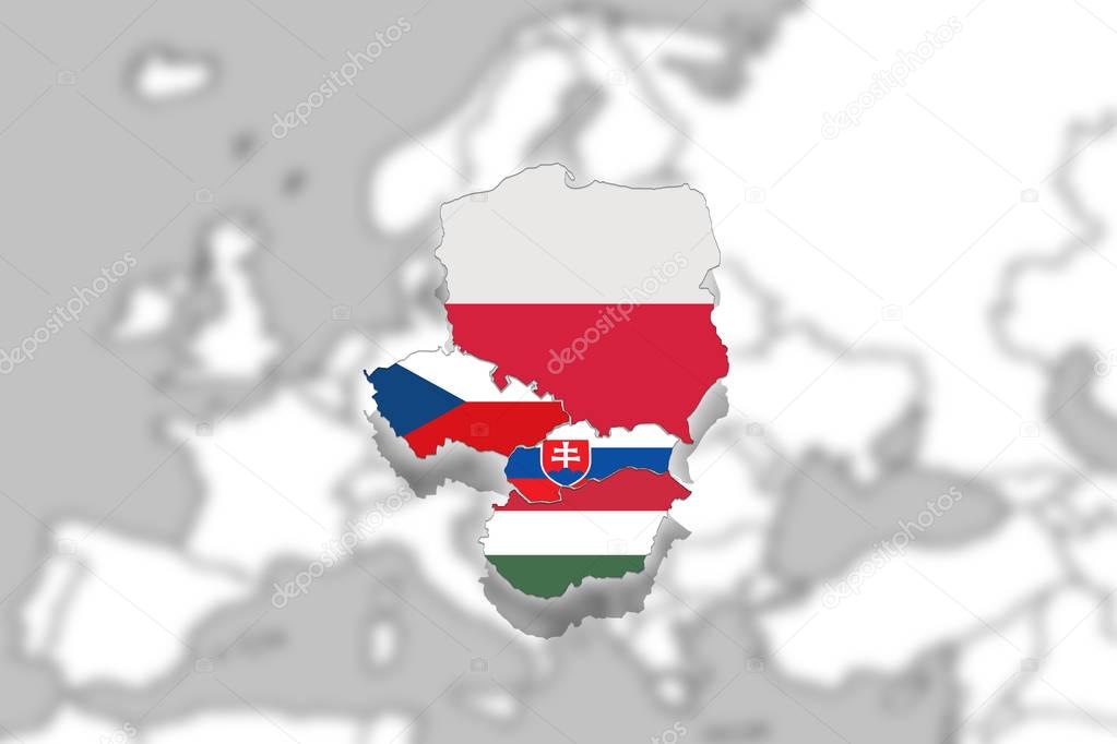   V4 Visegrad group on blured Europe background, Poland, Czech Republic, Slovakia, Hungary