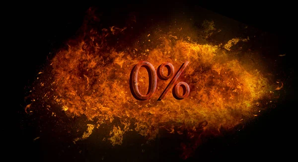 Vermelho 0% em explosão de chama de fogo, fundo preto — Fotografia de Stock