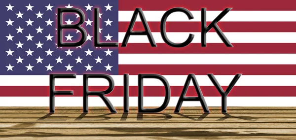 Venerdì nero su bandiera USA e pavimento in legno — Foto Stock