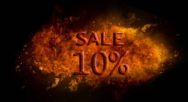 Vente Rouge 10 % sur l'explosion de la flamme du feu, fond noir — Photo