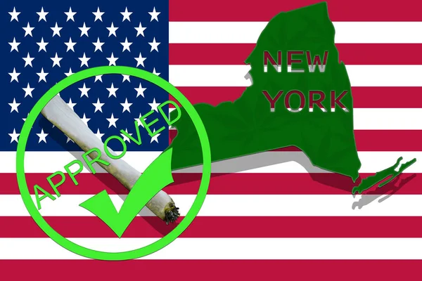 New York auf Cannabis-Hintergrund. Drogenpolitik. Legalisierung von Marihuana auf US-Flagge, — Stockfoto
