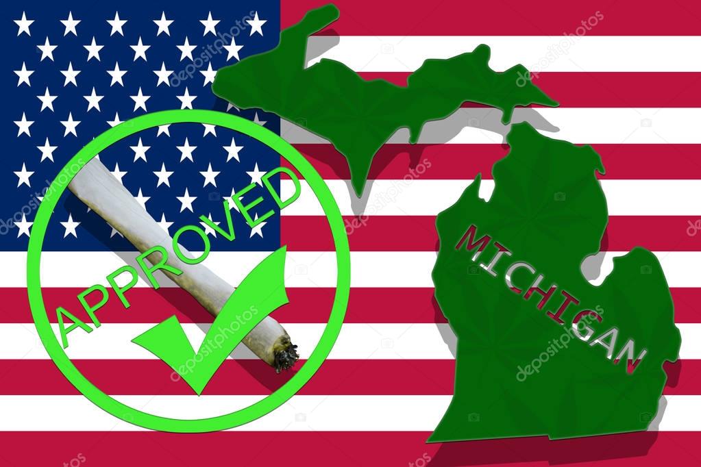 Michigan on cannabis background. Drug policy. Legalization of marijuana on USA flag,