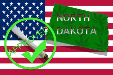 Kuzey Dakota esrar arka plan üzerinde. Uyuşturucu politikası. ABD bayrağı üzerinde marihuana yasallaştırma,