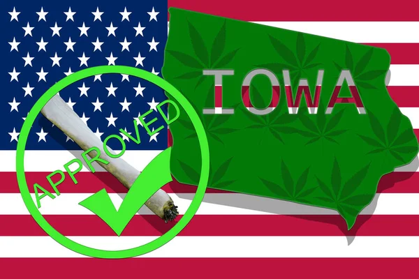 Iowa sobre el fondo del cannabis. Política de drogas. Legalización de la marihuana en la bandera de EE.UU. , — Foto de Stock