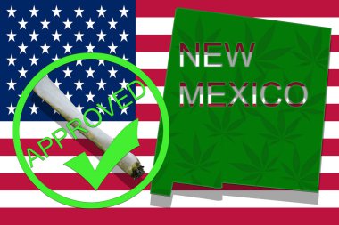 New Mexico esrar arka plan üzerinde. Uyuşturucu politikası. ABD bayrağı üzerinde marihuana yasallaştırma,