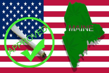 Maine esrar arka plan üzerinde. Uyuşturucu politikası. ABD bayrağı üzerinde marihuana yasallaştırma,