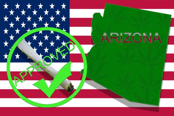 Arizona sobre el fondo del cannabis. Política de drogas. Legalización de la marihuana en la bandera de EE.UU. , — Foto de Stock