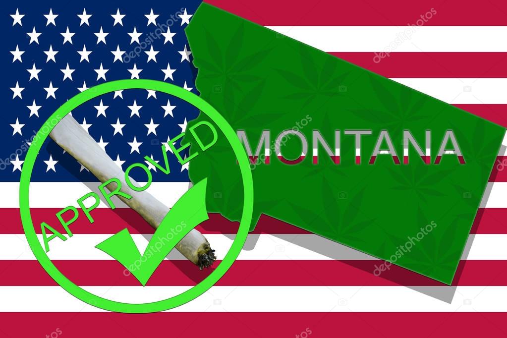 Montana on cannabis background. Drug policy. Legalization of marijuana on USA flag,