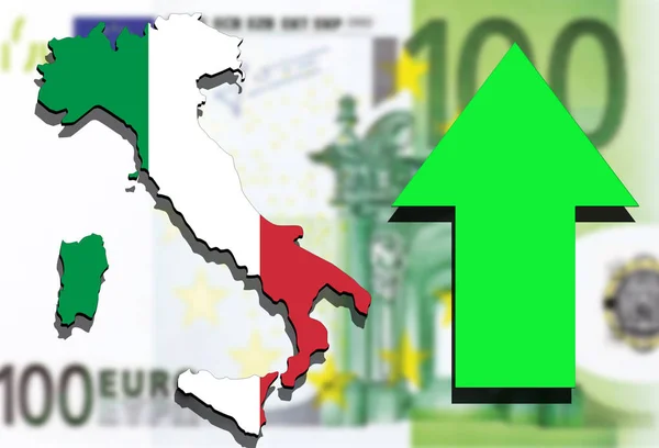 Italia cartina su sfondo euro e freccia verde in aumento — Foto Stock