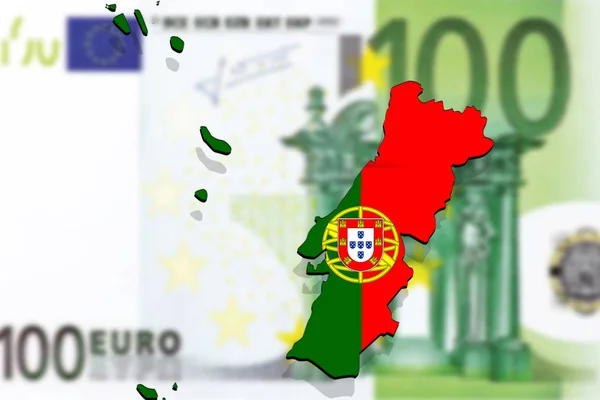 Close-up op Portugal kaart op Euro geld achtergrondkleur — Stockfoto