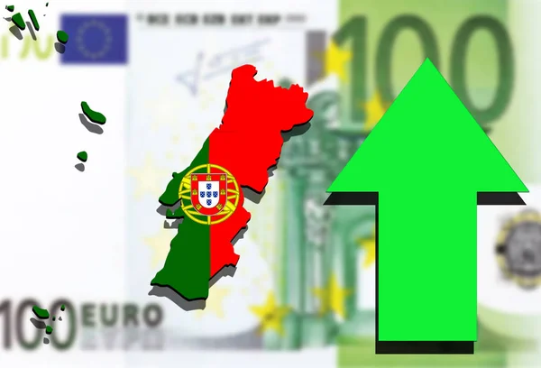 유로 돈 배경 녹색 화살표 상승에 포르투갈 지도 — 스톡 사진