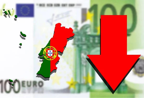 ポルトガル ユーロのお金の背景と赤矢印下向きの地図 — ストック写真