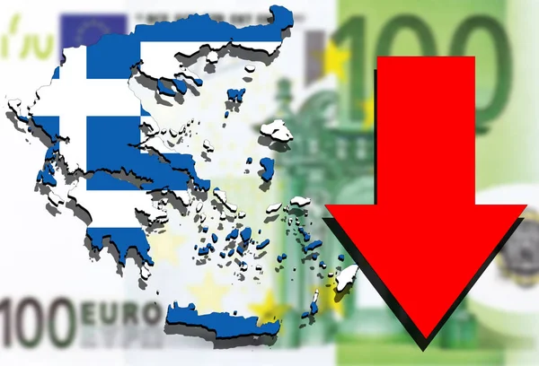 Grecia mapa en euros dinero fondo y flecha roja hacia abajo —  Fotos de Stock