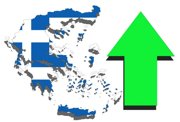 希腊地图上白色背景和上升的绿色箭头 — 图库照片