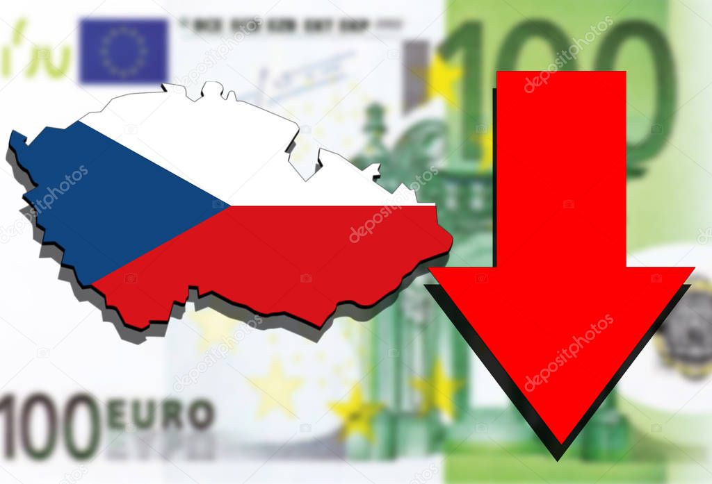 Czech Republic map on Euro money background and red arrow down