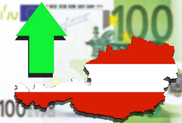 Áustria mapa sobre euro dinheiro fundo e seta verde para cima — Fotografia de Stock