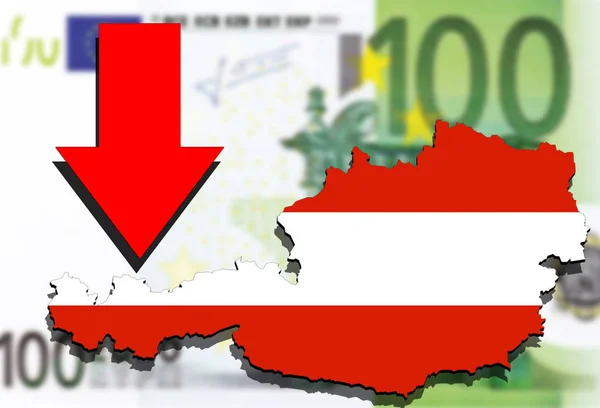 Áustria mapa sobre euro dinheiro fundo e seta vermelha para baixo — Fotografia de Stock