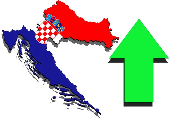 Croacia mapa sobre fondo blanco y flecha verde arriba —  Fotos de Stock