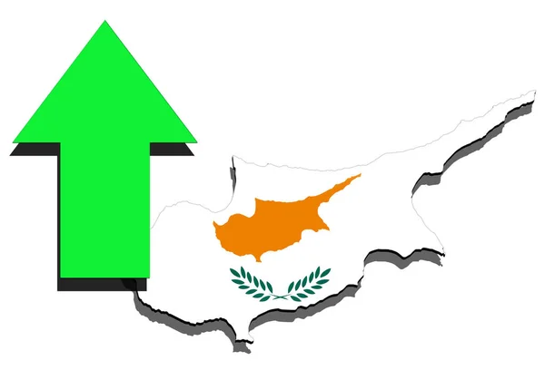 塞浦路斯地图上白色背景和向上的绿色箭头 — 图库照片