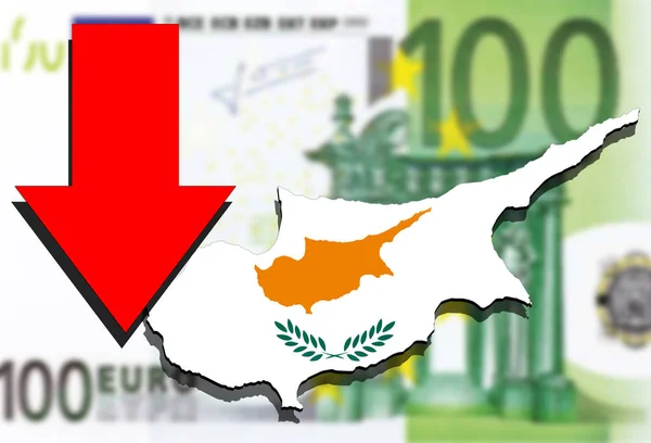 塞浦路斯地图上欧元钱背景和红色箭头键向下 — 图库照片