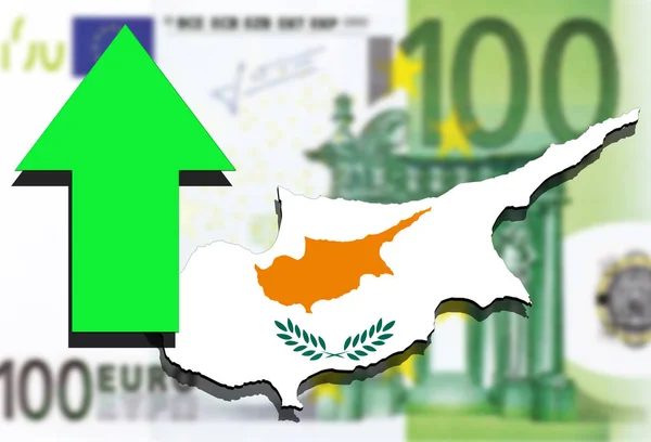 塞浦路斯地图上欧元钱背景向上的绿色箭头 — 图库照片