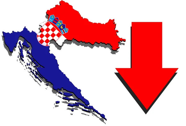 Croacia mapa sobre fondo blanco y flecha roja hacia abajo —  Fotos de Stock