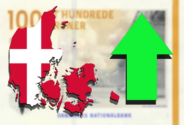 Dinamarca mapa en Corona danesa dinero fondo con flecha verde arriba —  Fotos de Stock