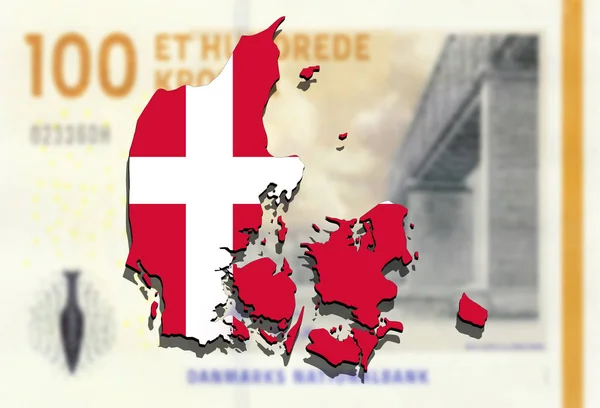 Danimarca cartina sullo sfondo monetario della corona danese — Foto Stock