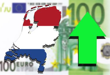 Holland harita üzerinde yükselen Euro para arka plan ve Yeşil ok