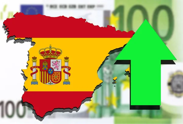 Карта Испании на фоне денег евро и зеленая стрелка вверх — стоковое фото