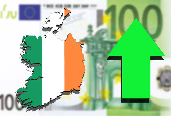 Ireland map on Euro money background and green arrow up — Stock Photo, Image