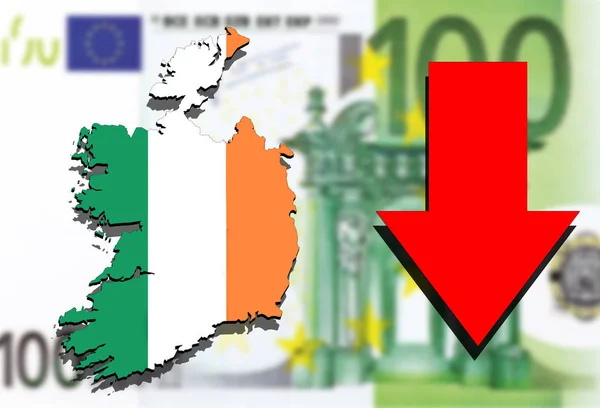 Ireland map on Euro money background and red arrow down — Stock Photo, Image