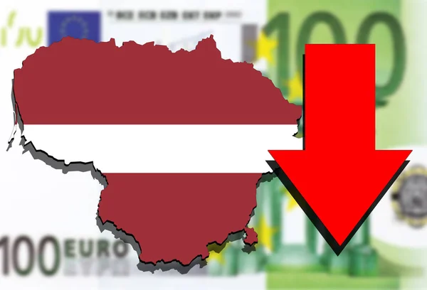 Lituânia mapa sobre euro dinheiro fundo e seta vermelha para baixo — Fotografia de Stock